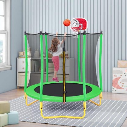 Trampolines |  Mini Kids Trampoline, 5.5FT Trampoline Jumping Surface, Grass Green Indoor/Outdoor Trampoline w/ Safety Net and Basketball Hoop Sports & Fitness Trampolines