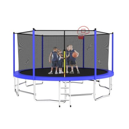 Trampolines |  Safety First-15 FT Round Outdoor Trampoline with Security Nets and Basketball Hoop, 360 Degrees without Dead Ends Protect Sports & Fitness Trampolines