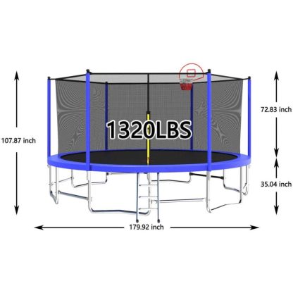 Trampolines |  Safety First-15 FT Round Outdoor Trampoline with Security Nets and Basketball Hoop, 360 Degrees without Dead Ends Protect Sports & Fitness Trampolines