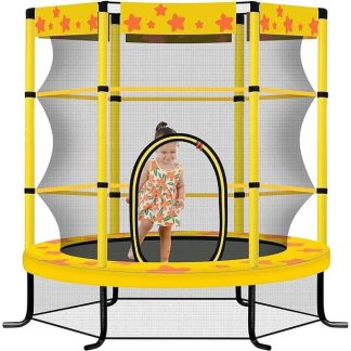 Trampolines |  Yellow Mini Trampoline with Orange Star Pattern, 4.5FT Kids Trampoline with Safety Enclosure Net for Indoor/Outdoor Sports & Fitness Trampolines