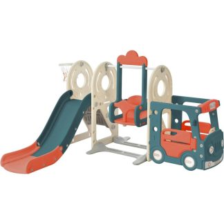 Outdoor Play |  Kids Swing and Slide Set with Bus Play Structure, Bus Slide Set with Basketball Hoop Kids Playground with Slide and Swing Outdoor Play Outdoor Play