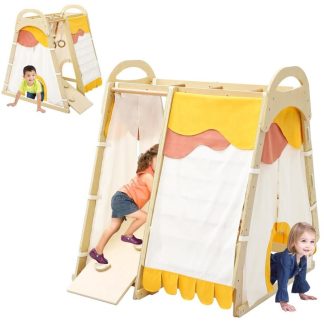 Home Gyms |  7-in-1 Wooden Climbing Toys with Tent， Monkey Bar and Rings