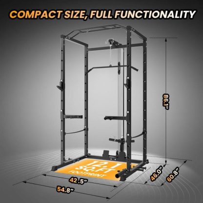 Home Gyms |  Power Cage with LAT Pulldown, Multi-Functional Power Rack with Cable Pulley System and J-Hooks Home Gyms Home Gyms