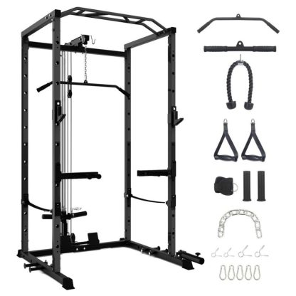 Home Gyms |  Power Cage with LAT Pulldown, Multi-Functional Power Rack with Cable Pulley System and J-Hooks Home Gyms Home Gyms