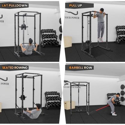 Home Gyms |  Power Cage with LAT Pulldown, Multi-Functional Power Rack with Cable Pulley System and J-Hooks Home Gyms Home Gyms